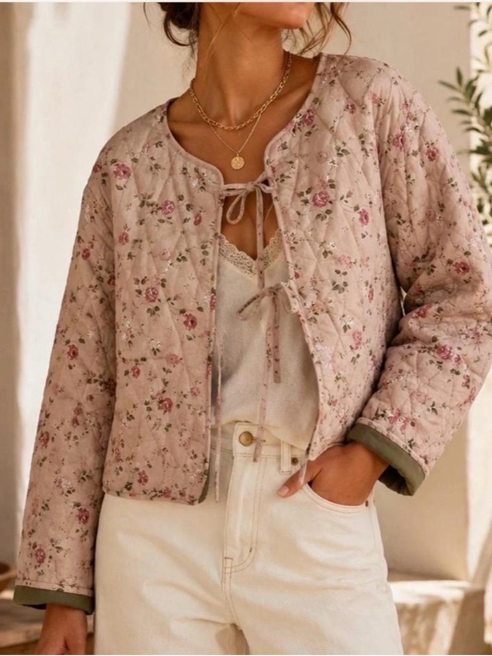 Avec Les Filles Quilted Floral Tie Front Jacket Pink Coquette Cottagecore M NWT